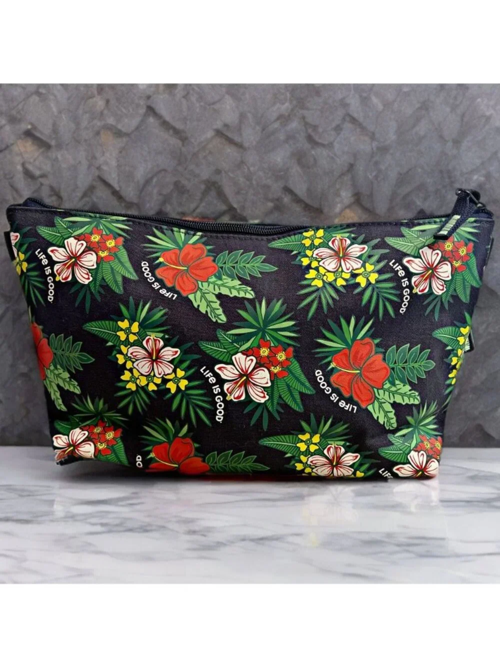 Life is Good Tropical Hibiscus Floral Zip Cosmetic Bag Make Up Travel Toiletry